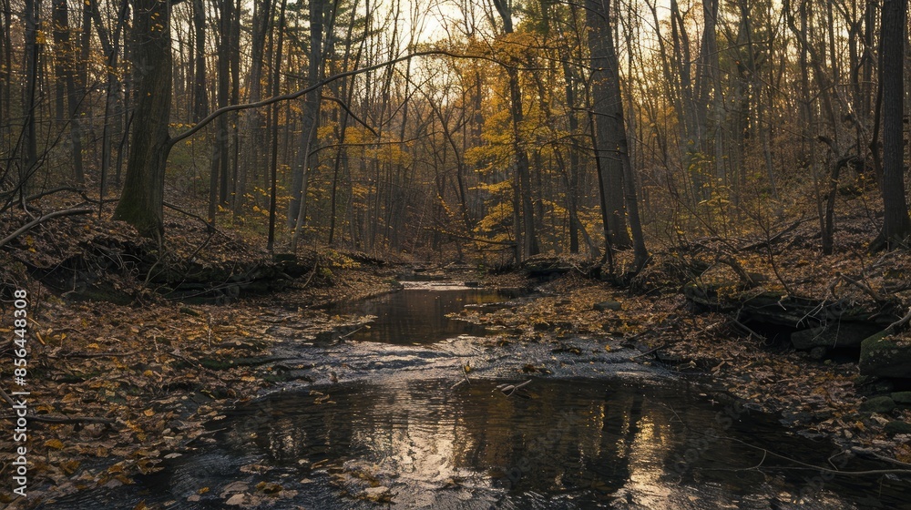 Obraz premium Fall hues in woodland with a tiny stream