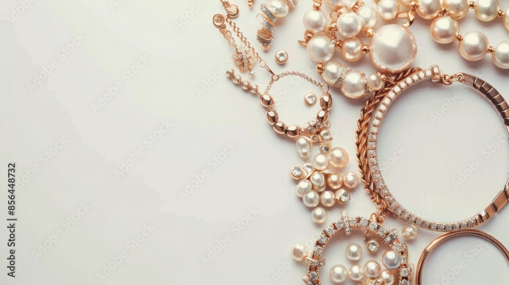 Elegant jewelry and pearls set on white background with copy space for text for beauty and fashion themes Elegant jewelry and pearls set on white background with copy space for text for beauty and fashion themes