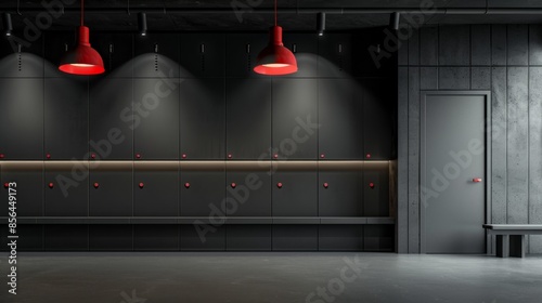 Modern Locker Room with Red Accents - Generative AI photo