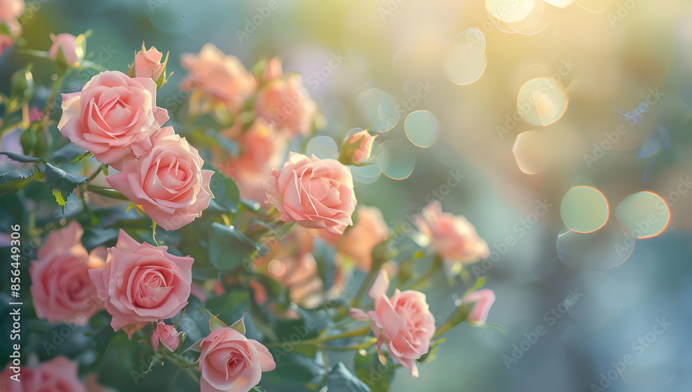 Fototapeta premium A cluster of delicate pink roses bloom in the soft glow of the morning sun.