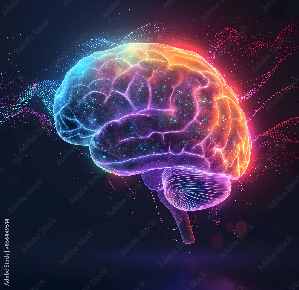 A vibrant, colorful human brain with a glowing light emanating from its surface. The brain is surrounded by a dark blue background. A vibrant, colorful human brain with a glowing light emanating from its surface. The brain is surrounded by a dark blue background.