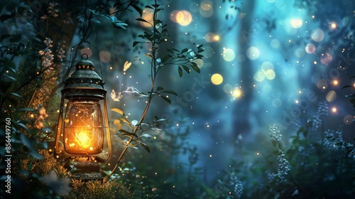 lit lamp in the middle of the forest at night with blurred background