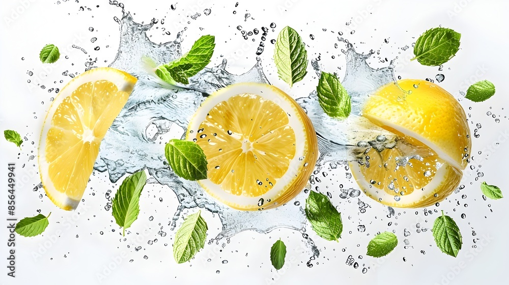 Vibrant Lemon and Mint Leaves Splashing in Water on Transparent Background Vibrant Lemon and Mint Leaves Splashing in Water on Transparent Background