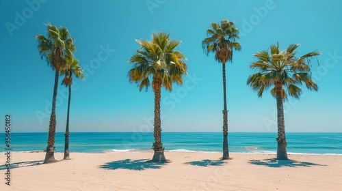 Stunning Sandy Tropical Beach with Swaying Palm Trees Under Brilliant Blue Sky