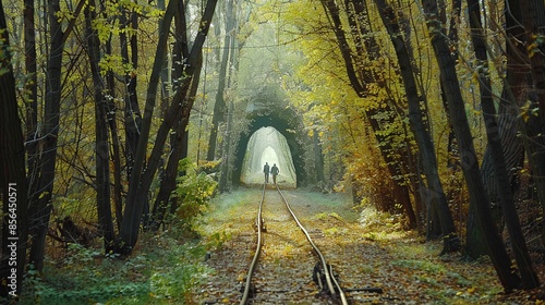 Real natural wonder love tunnel created from trees along the railway Ukraine, Klevan photo