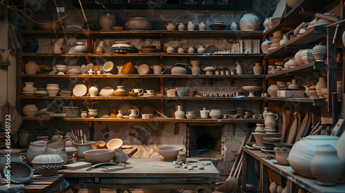 Serene Pottery Studio with Traditional Kiln and Shelves of Earthenware Pottery in Various Stages of Completion