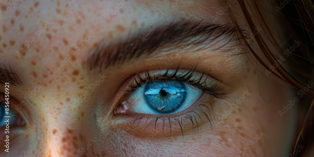 Close-up photo of a blue eye with surrounding freckles, capturing the details and colors of the iris and skin. Close-up photo of a blue eye with surrounding freckles, capturing the details and colors of the iris and skin.