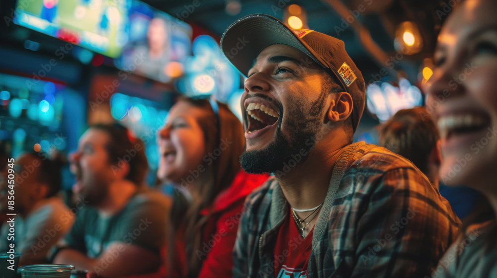 Group of friends laughing and enjoying watching sports on TV at a lively bar, showing excitement and camaraderie. Group of friends laughing and enjoying watching sports on TV at a lively bar, showing excitement and camaraderie.