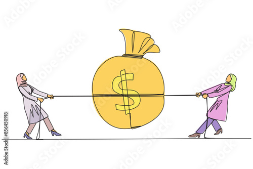 Single one line drawing two greedy Arabian businesswomen fighting over a money bag. Compete to get as much profit as possible. Market price destroyer. Continuous line design graphic illustration