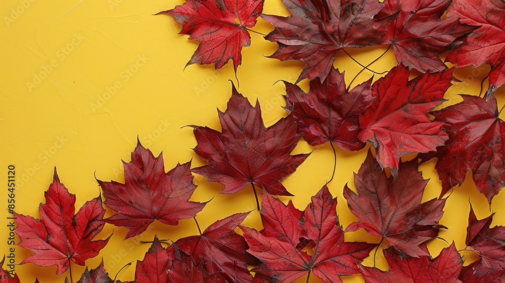 Close up of dried red maple leaves against a yellow backdrop in autumn