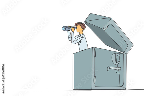 Single one line drawing businessman emerges from safe deposit box looking for something through binoculars. Best storage place related to company business. Continuous line design graphic illustration