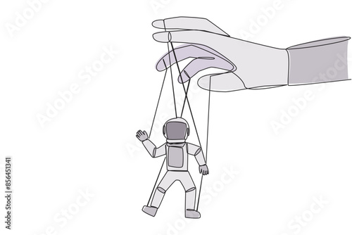 Single continuous line drawing astronaut walk by being moved by ropes controlled by a giant hand above. Very weak policy. A helpless astronaut doll. Outer space. One line design vector illustration