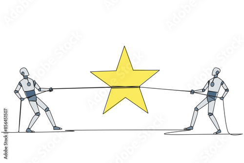 Single continuous line drawing two smart robots fighting for a star. The fierce battle of technology. Trying to achieve very satisfactory rating. Chasing the dream. One line design vector illustration