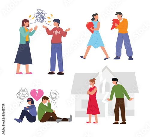 Set of broken family illustration concept collection, Marriage difficulties problem, divorce or violence or painful in broken relationship couple concept, angry couple husband and wife, broken heart.