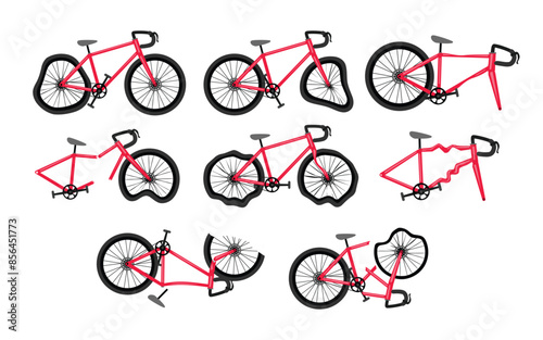 Set of broken bike or broken bicycle, collection, Dangerous, falling racing bike or mountain biker. Cycling, Cyclist fall, person falling down off a bicycle, Broken or punctured for tire concept.s