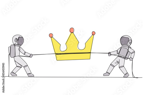 Single one line drawing two astronauts fight for the crown. Compete to become the most skilled cosmonaut on earth. Put aside teamwork. Galaxy space concept. Continuous line design graphic illustration