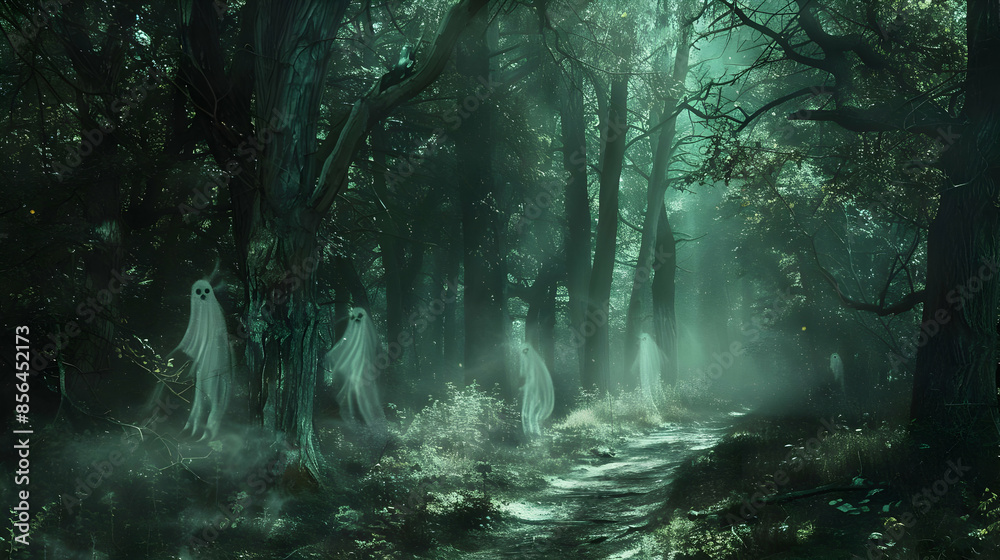 A haunted forest with ghostly figures A haunted forest with ghostly figures
