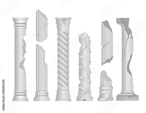 Set of broken ancient greek pillar set collection, Marble antique columns and pillars of roman and greek architecture elements, Roman columns, White stone pillars with ornate capitals