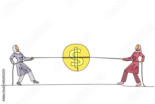 Single continuous line drawing two Arabian businesswomen fighting over coin with dollar symbol. Competition to maintain currency exchange rates. Stabilizes market prices. One line vector illustration photo