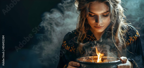 A sorceress with a cauldron of dark potions photo