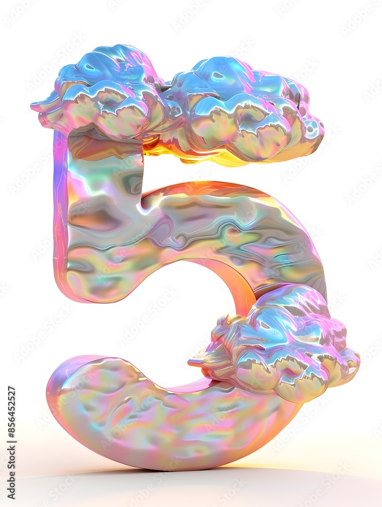 Dreamy Iridescent Clouds Shaping the Number 5 with a Setting Sun Backdrop on a White Background Dreamy Iridescent Clouds Shaping the Number 5 with a Setting Sun Backdrop on a White Background