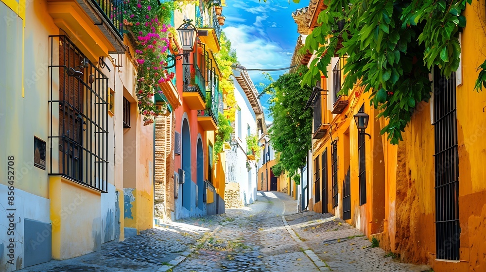 Fototapeta premium Small view of a street in the town of Santa Fe Granada Spain : Generative AI