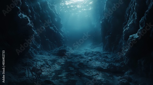 A dark, murky underwater cave with a skeleton in the foreground