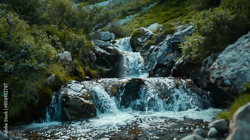 In one of the mountainous areas there is a water source from a waterfall : Generative AI photo