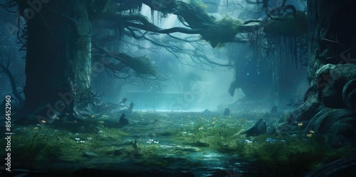 2k backgrounds of a serene forest scene featuring a large tree and a small fish photo