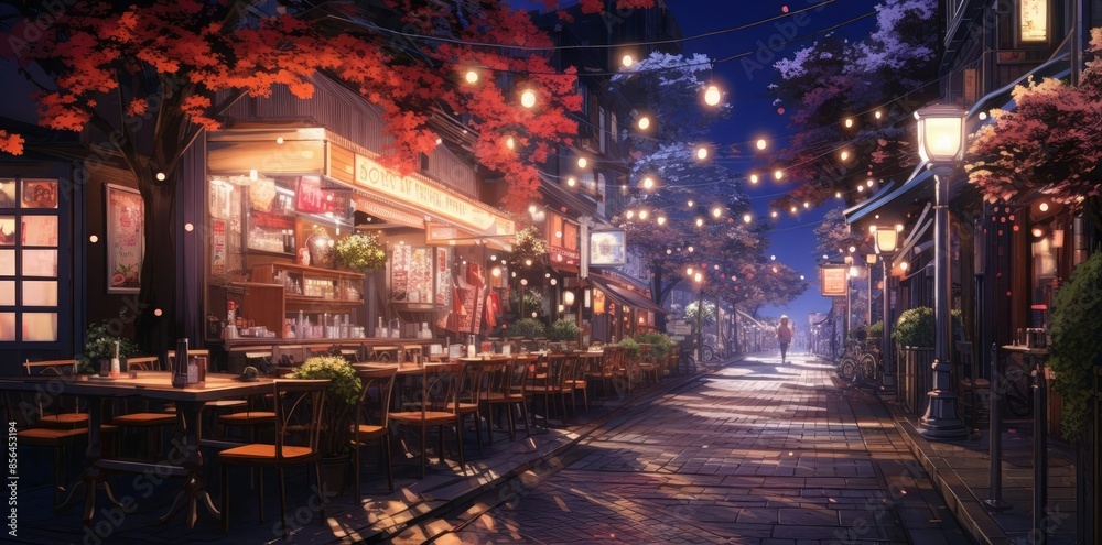 anime background of a city street at night featuring a variety of seating options including wood and brown chairs, a wood table, and an empty chair, with a red tree in the foreground and anime background of a city street at night featuring a variety of seating options including wood and brown chairs, a wood table, and an empty chair, with a red tree in the foreground and