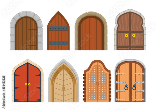 Set of Medieval castle door with wrought iron elements. Wooden doors, gates, Old vintage entrances from wood, metal. Ancient front portals, entries, doorways to palace, dungeon, vector illustration.