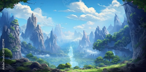 background design for a video game featuring lush green trees and a serene blue and white sky with fluffy white clouds photo