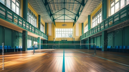 Empty Indoor Sports Hall with Badminton Court - Generative AI