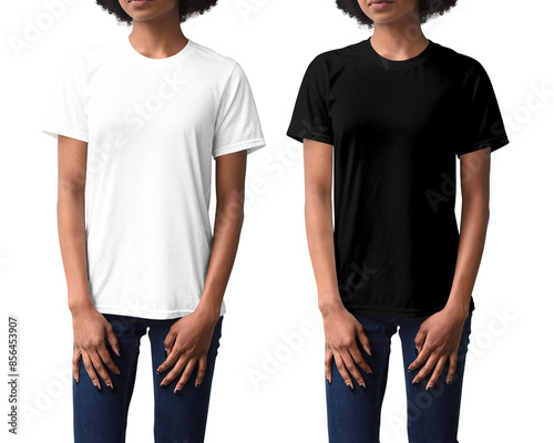 Two version of a african american woman wearing a black and white mockup t-shirt on an isolated cutout background png for a POD mock up