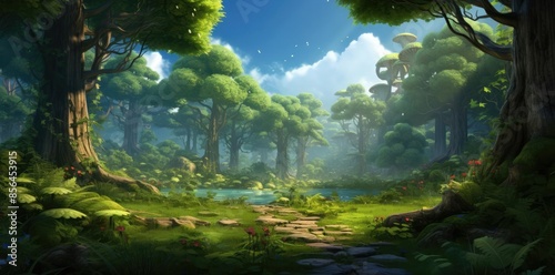 background for pc, desktop, and mobile screensaver featuring a serene forest scene with tall green trees, a blue sky with white clouds, and a red flower in the foreground