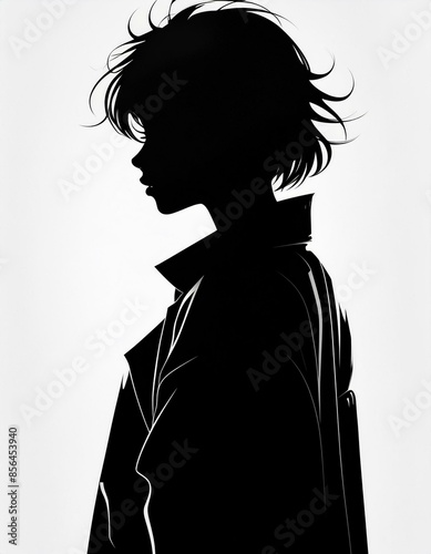 A completely black silhouette of a graceful and enchanting anime girl, with a sleek and elegant pose.