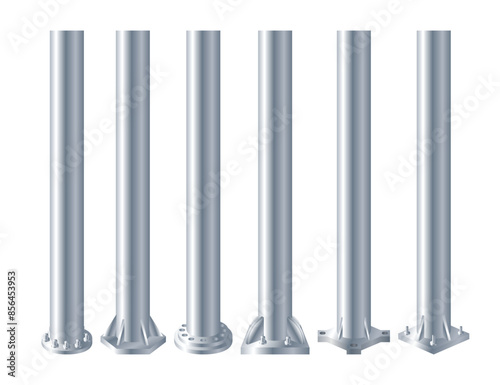 Set of realistic metal pole pillars. Steel pipes bolted on different base. Glossy Steel vertical cylinder footings for road sign, banner, billboard, steel construction column, vector illustration.