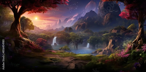 background image for website featuring a serene waterfall surrounded by lush green trees, a vibrant purple flower, and a clear blue sky © Siasart Studio