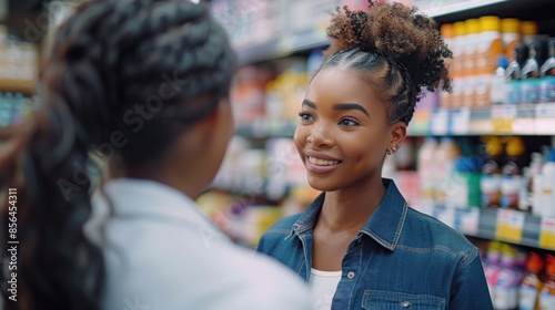 Two women are talking in a store. One of them is smiling. The other woman is wearing a white shirt
