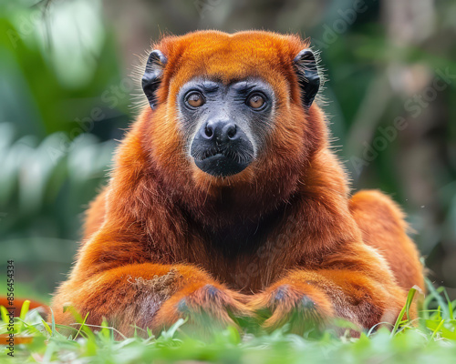 Captivating Close Up Photograph of a Golden Red Howler Monkey Resting on Green Grass in Its Natural Habitat