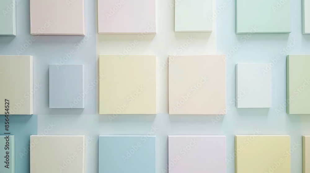 A minimalist wall display with a series of small, square canvases each painted in a different, subtle pastel shade, arranged in a grid pattern. A minimalist wall display with a series of small, square canvases each painted in a different, subtle pastel shade, arranged in a grid pattern.