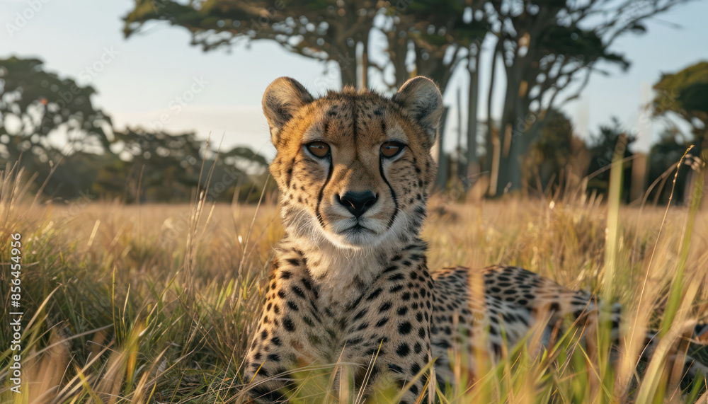 Obraz premium Majestic Cheetah Resting in the Wild Grasslands During Golden Hour With Trees and Clear Sky in the Background Capturing the Serenity and Beauty of the African Savanna Wildlife Habitat