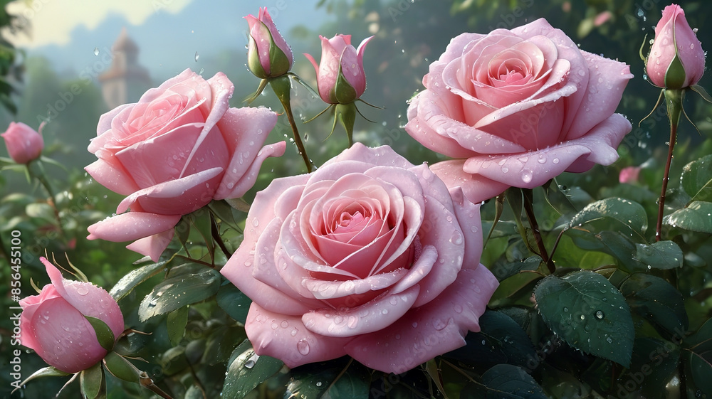 Beautiful pink roses with water drops on petals, generative Ai