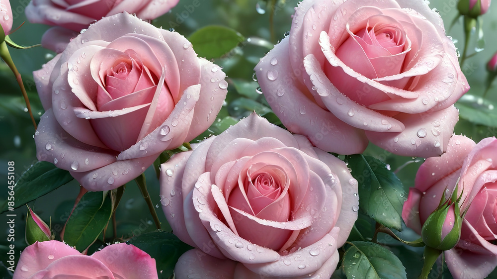 Beautiful pink roses with water drops on petals, generative Ai