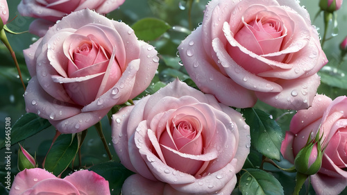 Obraz na płótnie Beautiful pink roses with water drops on petals, generative Ai w salonie