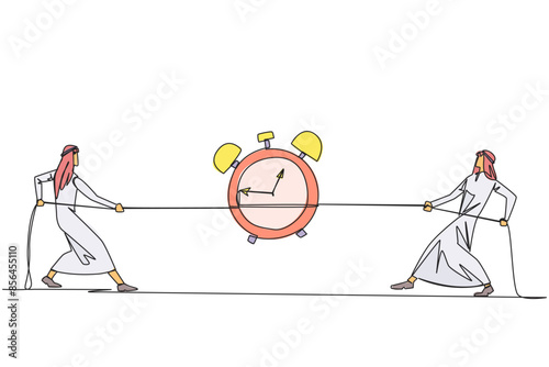 Single one line drawing two Arabian businessmen fighting over an alarm clock. Compete to be able to complete the report as quickly as possible. Obstacles. Continuous line design graphic illustration