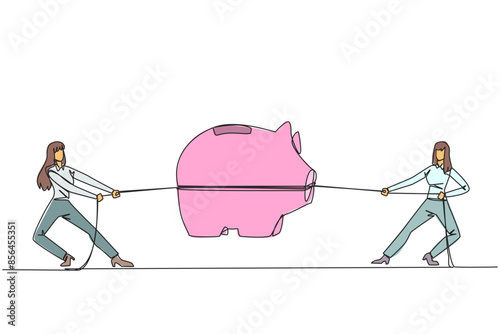 Continuous one line drawing two businesswomen fighting over a piggy bank. Competition for investment. Save penny by penny for comfortable retirement life. Single line draw design vector illustration