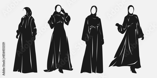 Set silhouettes of muslim woman wearing islamic clothing style. hijab, abaya. Vector illustration.