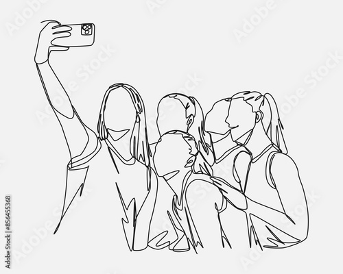 five friends taking a selfie together using a smartphone. beautiful young teenage girl. editable stroke. vector illustration.