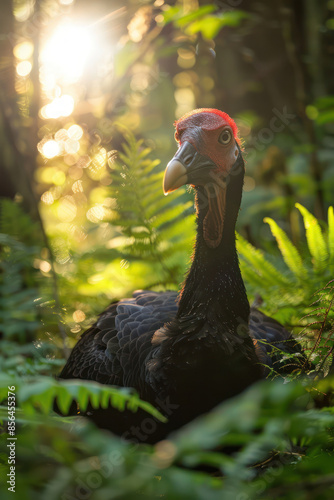 Captivating Photo of a Vibrant Red Wattled Curassow in its Lush Forest Habitat at Sunset with Sunlight Filtering through the Foliage photo